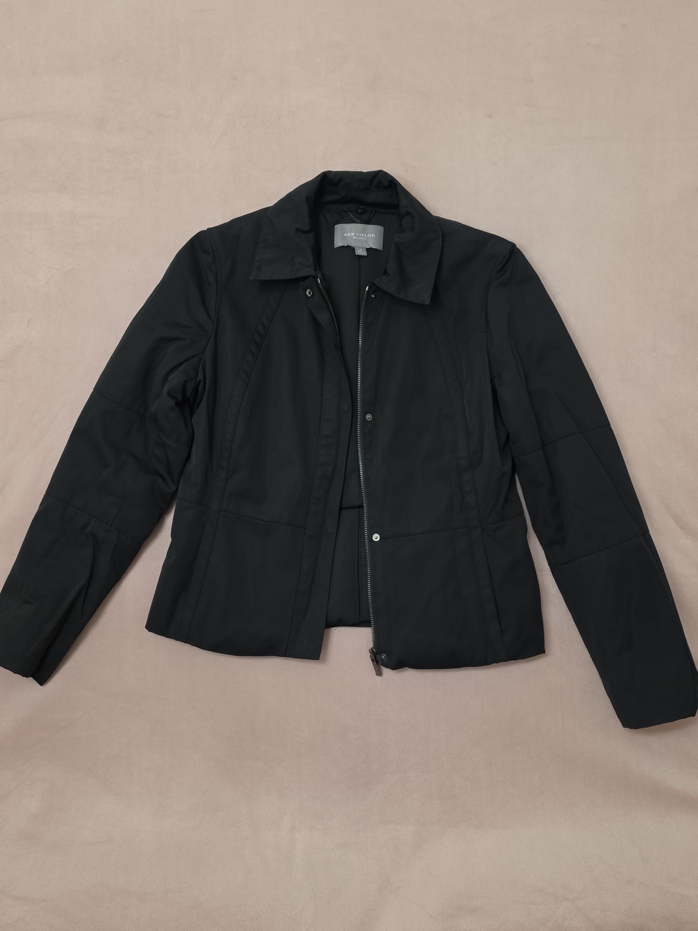 Ann Taylor black puffer jacket with zipper and button closure, size S